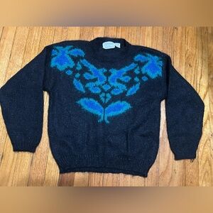 Vintage 80's Autograph American Clothing Black Green Floral Knit Sweater